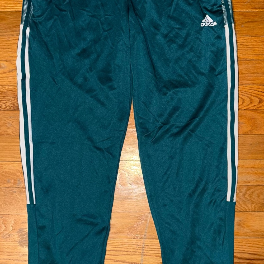 Adidas Women's Dark Green Joggers with White Stripes